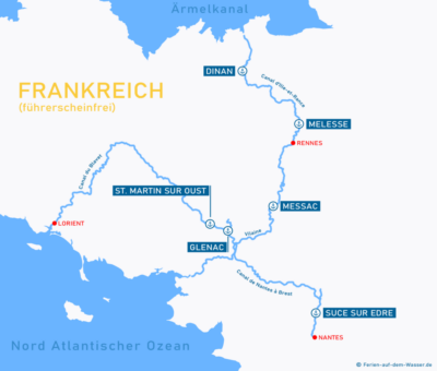 Wasserkarte Bretagne mit Häfen für Bootsfahrten