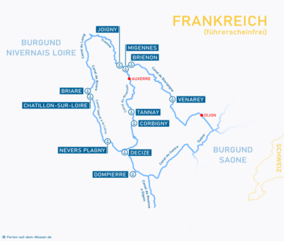 Wasserkarte Burgund Loire-Nivernais mit Häfen