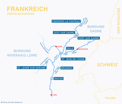 Wasserkarte Burgund Fluss Saone und Nebenkanäle