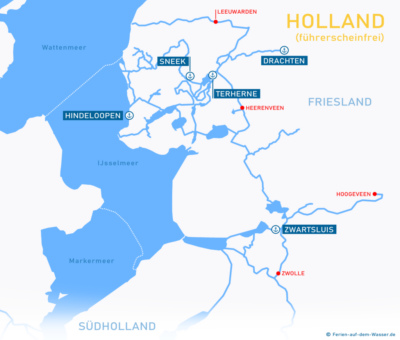 Wasserkarte Friesland mit Starthäfen