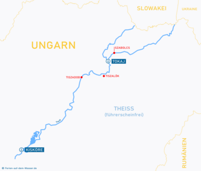 Übersichtskarte Fluss Theiss Ungarn mit Starthäfen für Hausbooturlaub