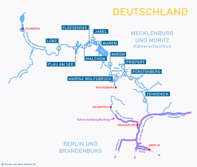 Übersicht Wasserwege Müritz und Mecklenburg mit Abfahrtshäfen