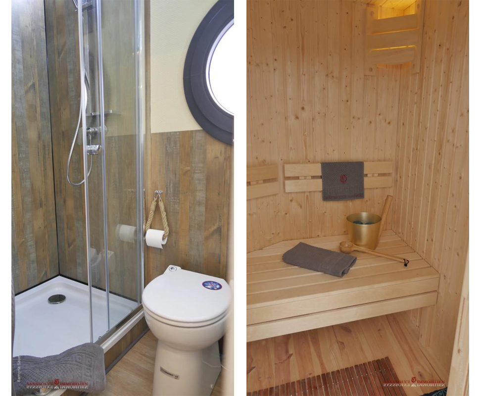 Toilette und Dusche sowie Sauna