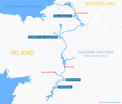 Übersichtskarte Irland mit Häfen für Hausboote