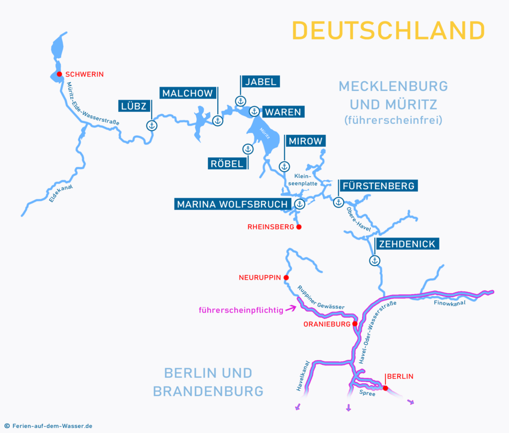 Übersicht Wasserwege und Starthäfen Mecklenburg und Müritz