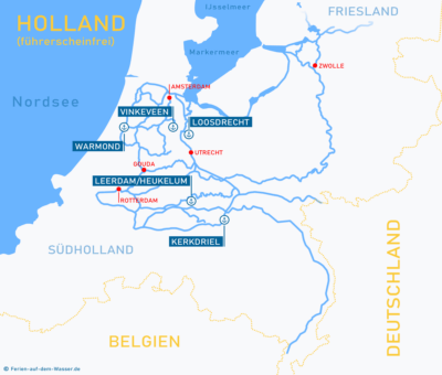 Gebietskarte Südholland mit Amsterdam und Rotterdam