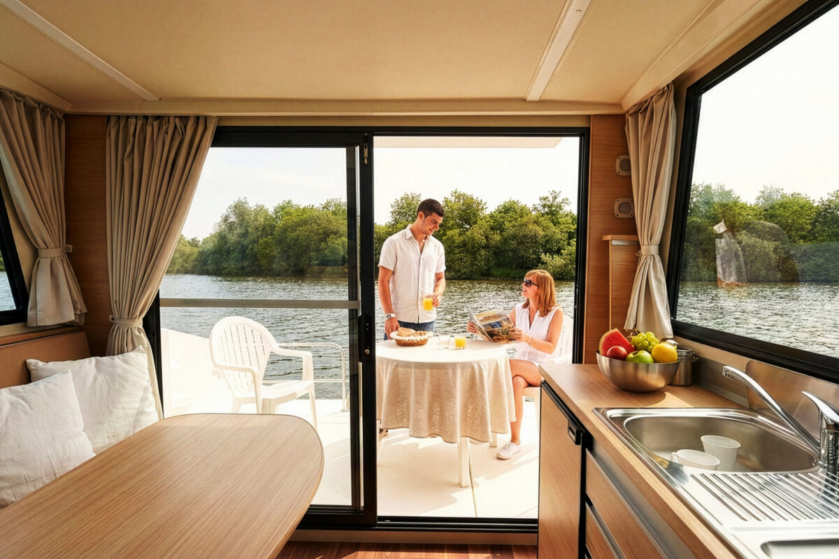 Blick aus Wohnbereich zur Heckterrasse